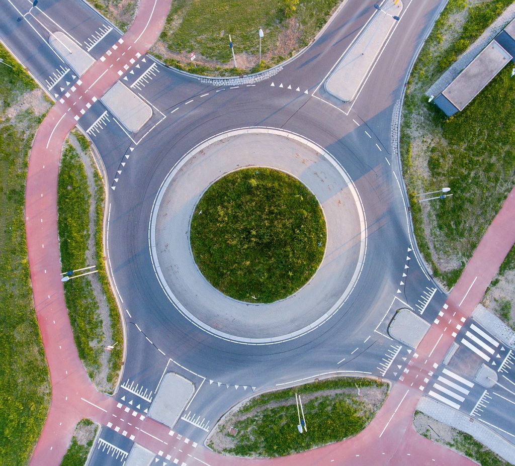 An aerial shot of a roundabout